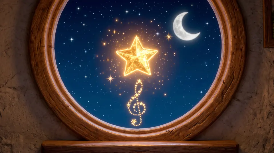The golden Hero Star glowing in the round window with a music-note of stars