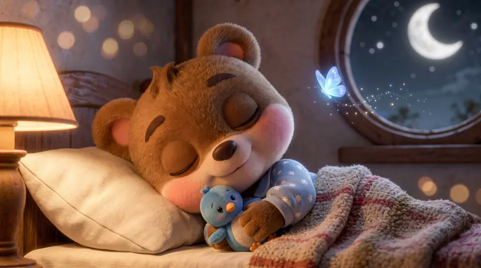 Jobo asleep hugging his blue plush bird while a glowing butterfly flutters by the window