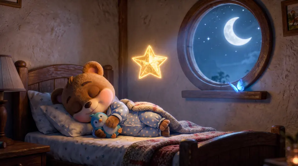 Jobo sleeping in bed with the golden Hero Star glowing above like a nightlight